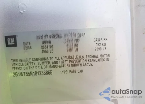 2008 Chevrolet Impala Lt из США, поврежденный, VIN 2G1WT55N181233865